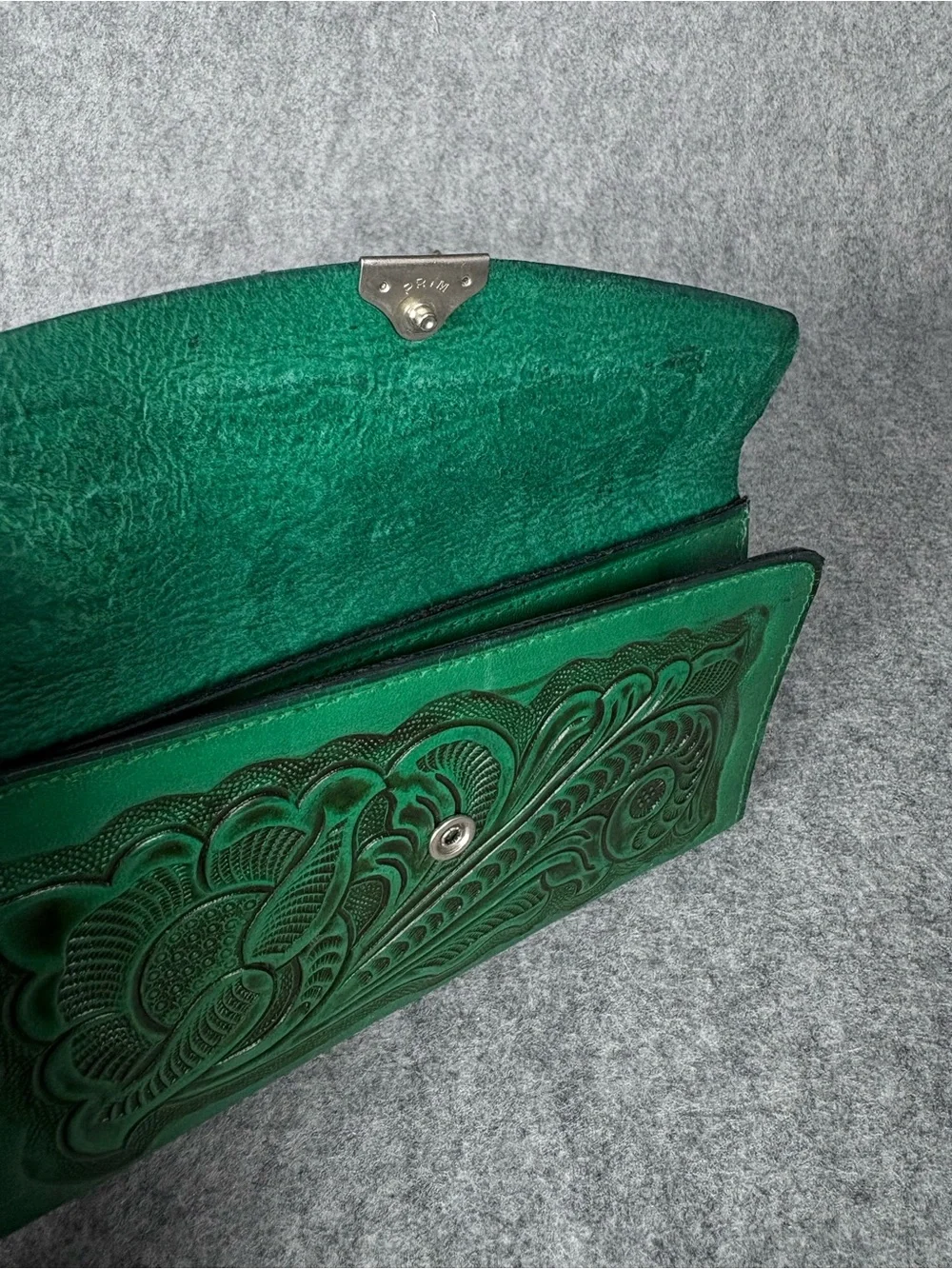 Vintage Green Tooled Leather Floral Western Wallet